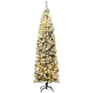 Costway Bleistift Weihnachtsbaum mit Schnee und Led-Leuchten 225cm