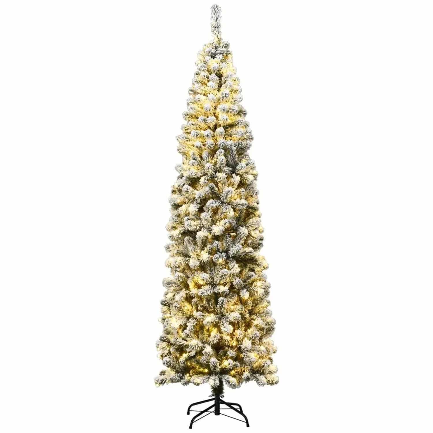 Costway Bleistift Weihnachtsbaum mit Schnee und Led-Leuchten 225cm
