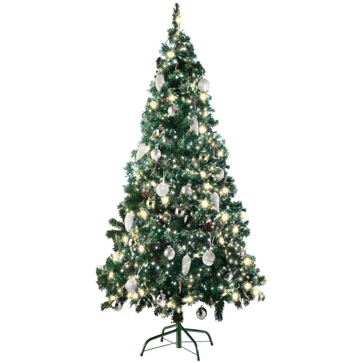 Tectake Set Weihnachtsbaum Mit Lichterkette 180 cm Künstlich Mit Zapfen Detailliert und Naturgetreu Mit Lichterkette 100 x 100 x 180 cm Grün